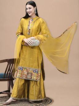 Shree - Women Poly Silk Jacquard Mustard Kurta Sharara Dupatta