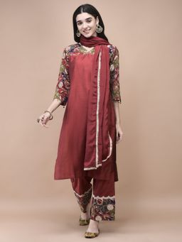 Shree - Women Silk Blend Maroon Embroidered Kurta Comfort Pant Dupatta