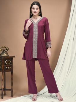 Shree - Women Poly Viscose Purple Embroidered Co-Ord Set