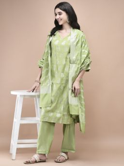 Shree - Women Cotton Jacquard Green Woven Kurta Comfort Pant Dupatta