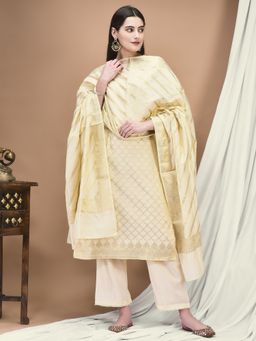 Shree - Women Cotton Jacquard Beige Woven Kurta Comfort Pant Dupatta