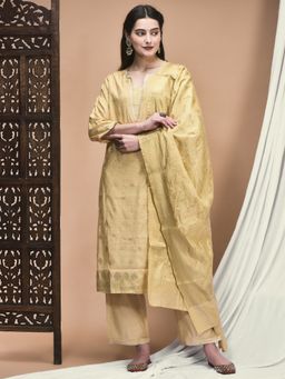 Shree - Women Jacquard Beige Woven Kurta Comfort Pant Dupatta