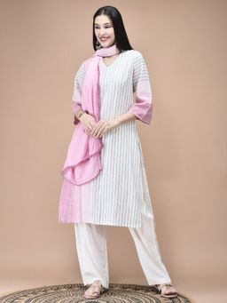 Shree - Women Cotton Off White Yarn Dyed Kurta Comfort Pant Dupatta