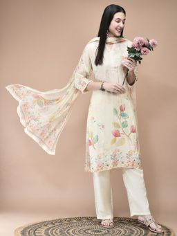 Shree - Women Muslin Cream Placement Print Kurta Comfort Pant Dupatta