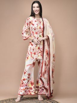 Shree - Women Liva Red And Lemon Yellow Floral Print Kurta Bell Bottom Pant Dupatta