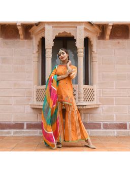 Roohaniyat - Women Orange Embroidered Kurta With Sharara And Multicolor Dupatta
