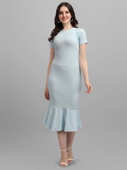 PURVAJA - Sky Blue Solid Bodycon Midi Dress