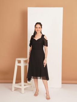 Curvydrobe - Solid Black Cold Shoulder Georgette Fit and Flare Dress