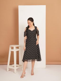 Curvydrobe - Black Polka Dot Cold Shoulder Georgette Fit and Flare Dress