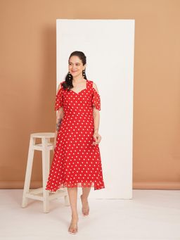 Curvydrobe - Red Polka Dot Cold Shoulder Georgette Fit and Flare Dress