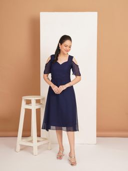 Curvydrobe - Solid Navy Bllue Cold Shoulder Georgette Fit and Flare Dress