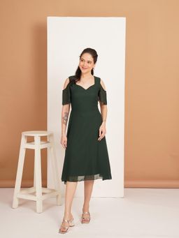 Curvydrobe - Solid Bottle Green Cold Shoulder Georgette Fit and Flare Dress