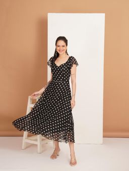 Curvydrobe - Black Polka Dot Georgette Fit and Flare Midi Dress