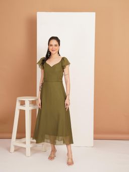 Curvydrobe - Solid Pista Green Georgette Fit and Flare Dress