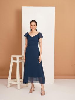 Curvydrobe - Solid Teal Georgette Fit and Flare Dress