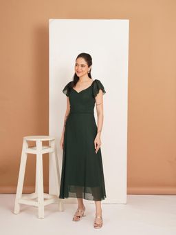 Curvydrobe - Solid Bottle Green Georgette Fit and Flare Dress