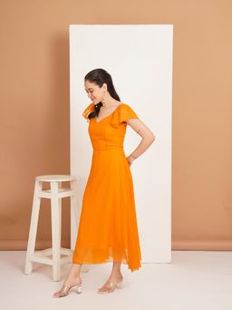 Curvydrobe - Solid Mustard Yellow Georgette Fit and Flare Dress