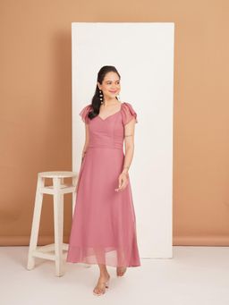 Curvydrobe - Solid Peach Georgette Fit and Flare Dress