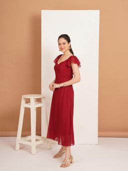 Curvydrobe - Solid Maroon Georgette Fit and Flare Dress