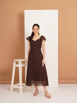 Curvydrobe - Solid Coffee Brown Georgette Fit and Flare Dress
