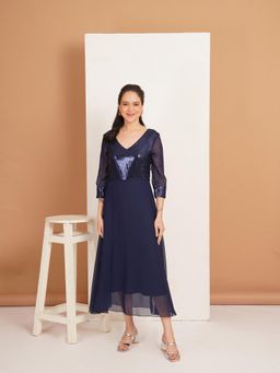 Curvydrobe - Navy Blue Sequined Fit and Flare Party Dress