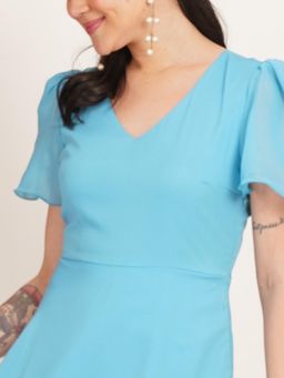 Curvydrobe - Solid Light Blue Side Layered A-Line Knee Length Dress