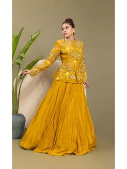 EK Soot - Mustard Honey Gold Embroidered Bustier with Lehenga and Jacket (Set of 3)