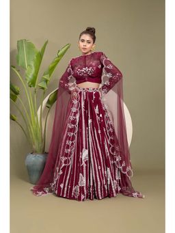 EK Soot - Wine Embroidered Blouse with Lehenga and Dupatta (Set of 3)