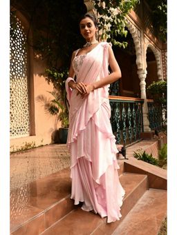 Sunanta Madaan - Pink Ruffle Indo Western Pre-Drape Saree with Stitched Blouse