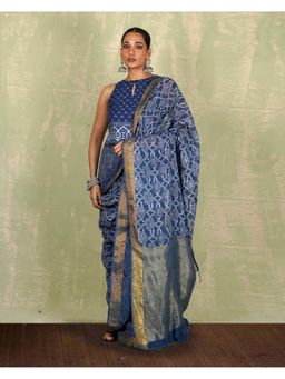 Chidiyaa - Malavi Blue Hand Block Print Linen Saree with Unstitched Blouse