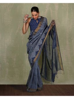 Chidiyaa - Malhari Blue Hand Block Print Linen Saree with Unstitched Blouse