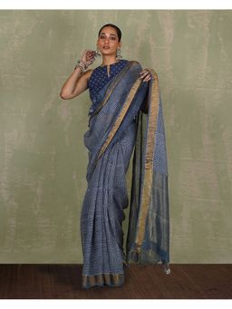 Chidiyaa - Sarang Blue Hand Block Print Linen Saree with Unstitched Blouse