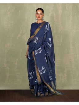 Chidiyaa - Purva Blue Hand Block Print Linen Saree with Unstitched Blouse