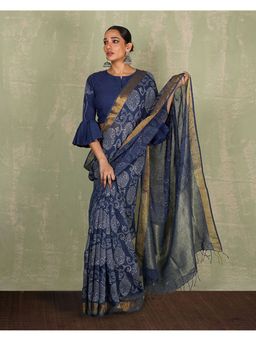 Chidiyaa - Rahi Blue Hand Block Print Linen Saree with Unstitched Blouse