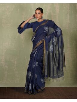 Chidiyaa - Rasiya Blue Hand Block Print Linen Saree with Unstitched Blouse