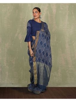 Chidiyaa - Sandhya Blue Hand Block Print Linen Saree with Unstitched Blouse