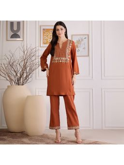 First Resort by Ramola Bachchan - Earthy Brown Yoke Embroidered Kurta and Pant