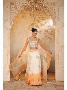 Sunanta Madaan - Ivory-Orange Embroidered Raw Silk Blouse with Lehenga and Dupatta