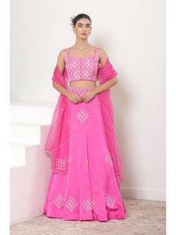 Sunanta Madaan - Pink Satin Organza Embroidered Lehenga with Choli and Dupatta