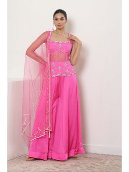 Sunanta Madaan - Pink Satin Organza Embroidered Sharara with Top and Dupatta