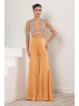Sunanta Madaan - Orange Satin Organza Embroidered Sharara with Blouse and Cape