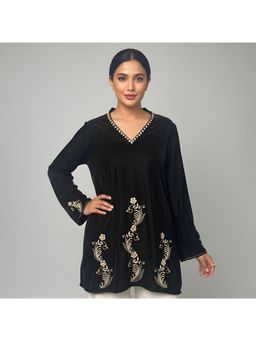 First Resort by Ramola Bachchan - Black Floral Hand Embroidered Velvet Tunic