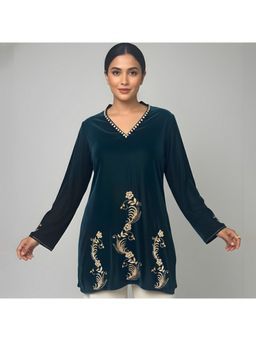 First Resort by Ramola Bachchan - Teal Floral Hand Embroidered Velvet Tunic