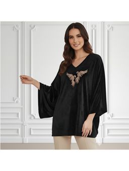 First Resort by Ramola Bachchan - Black Twin Birds Hand Embroidered Velvet Tunic