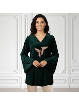 First Resort by Ramola Bachchan - Green Twin Birds Hand Embroidered Velvet Tunic