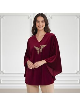 First Resort by Ramola Bachchan - Wine Twin Birds Hand Embroidered Velvet Tunic