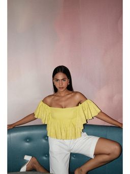Contemponari - Yellow Embroidered Granita Crop Top