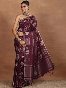 Libas - Wine Woven Handloom Saree with Unstitched Blouse