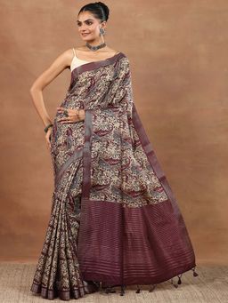 Libas - Burgundy Paisley Printed Saree with Unstitched Blouse