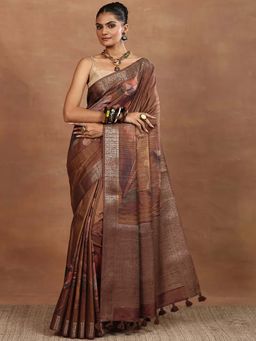 Libas - Brown Floral Printed Saree with Unstitched Blouse